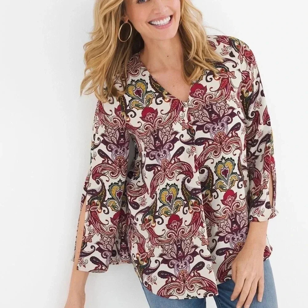 Chico's Paisley Blouse Women 2P White Burgundy Excellent Split Bell Sleeve Top